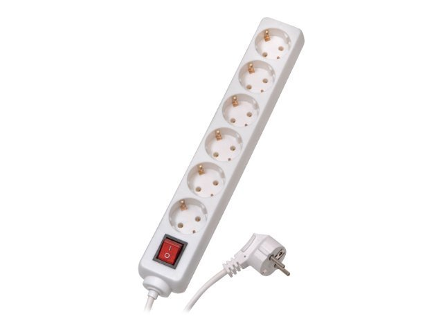 Weißes Verlängerungskabel mit sechs Steckdosen, einem roten Ein/Aus-Schalter und einem weißen Netzkabel.