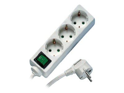 Eine weiße Steckdosenleiste mit 3 Steckdosen, einem grünen Schalter und einem weißen Stecker.