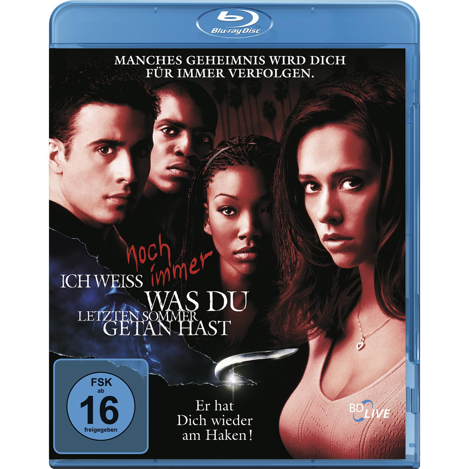 Blu-ray-Cover mit vier Personen. Titel: 'Ich weiß, was du letzten Sommer getan hast'. FSK 16.