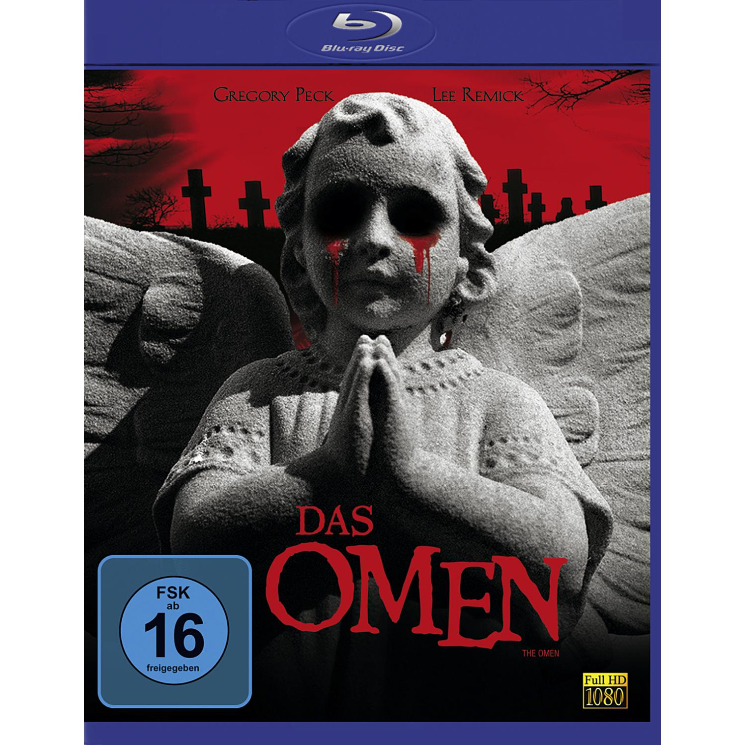 Das Omen Blu-ray Cover. Statue eines Engels mit Bluttränen. Dunkler Hintergrund und Text.