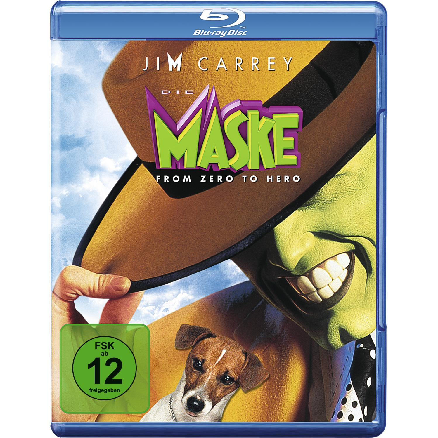 DVD-Cover: Jim Carrey in The Mask, trägt einen Hut, grünes Gesicht und einen Hund.