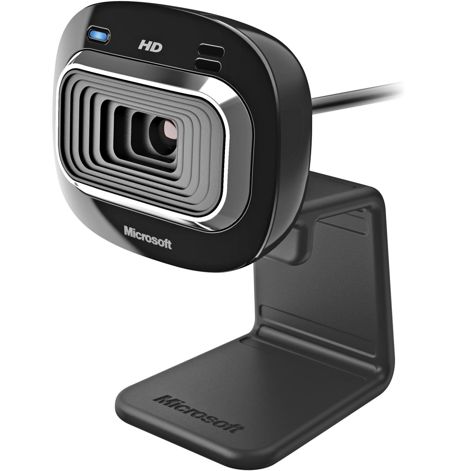Eine schwarze Microsoft-Webcam auf einem Ständer. Sie hat eine zentrale Linse und ein kleines blaues Licht.