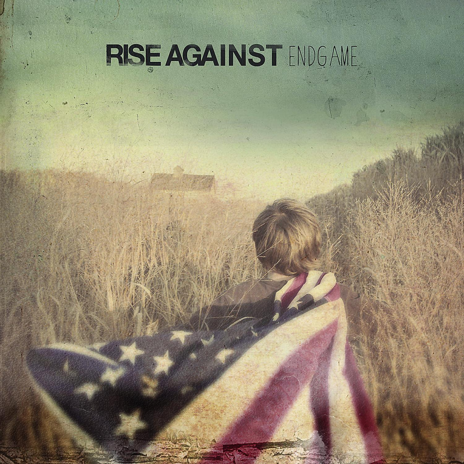 Eine Person, in die amerikanische Flagge gehüllt, blickt über ein Feld. Der Bandname "Rise Against" ist sichtbar.