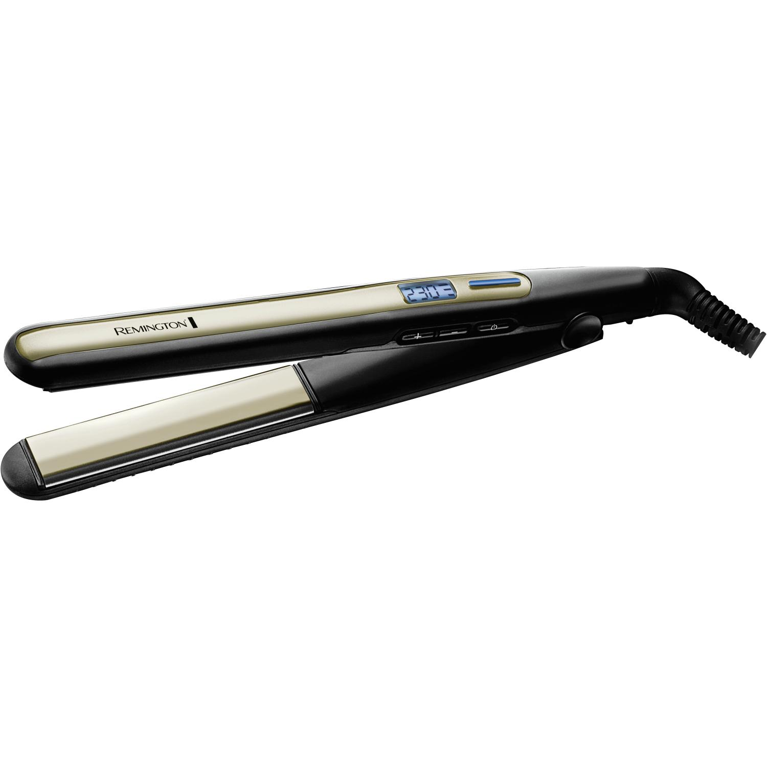 Czarna i złota prostownica do włosów Remington z wyświetlaczem cyfrowym. Otwarta.