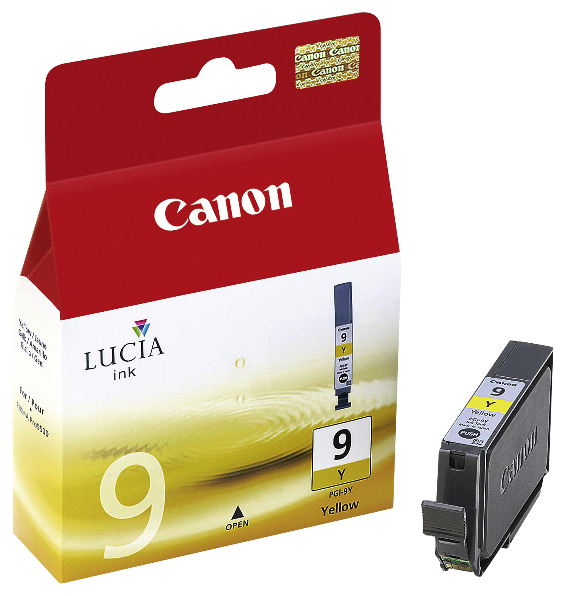 Canon Tintenpatronenbox. Rot und weiß, gelbe Tintenpatrone.