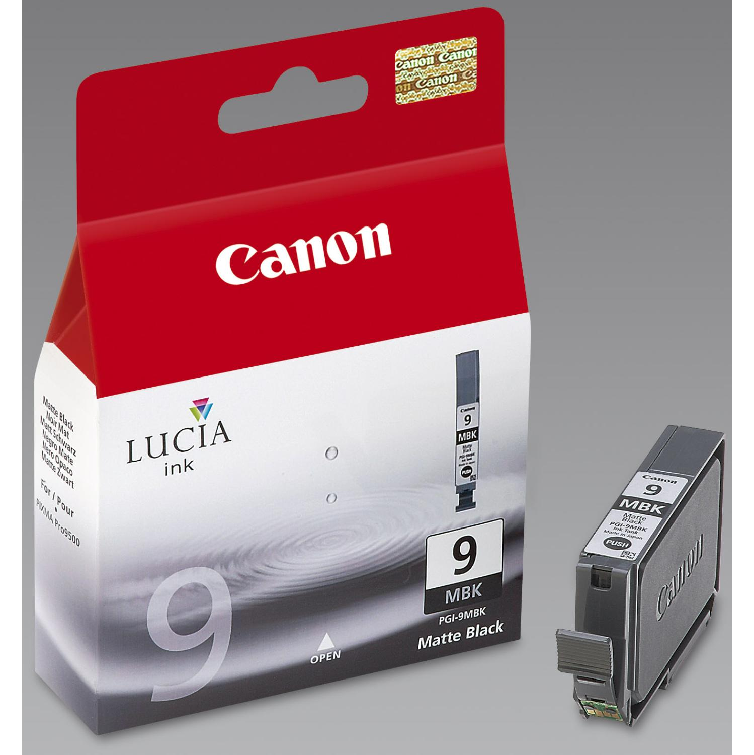 Canon Tintenpatronenbox. Die Box ist rot mit dem Canon-Logo.