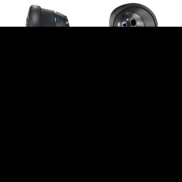 Dwa czarne słuchawki douszne na ciemnym tle. Słuchawki skierowane są ku górze.