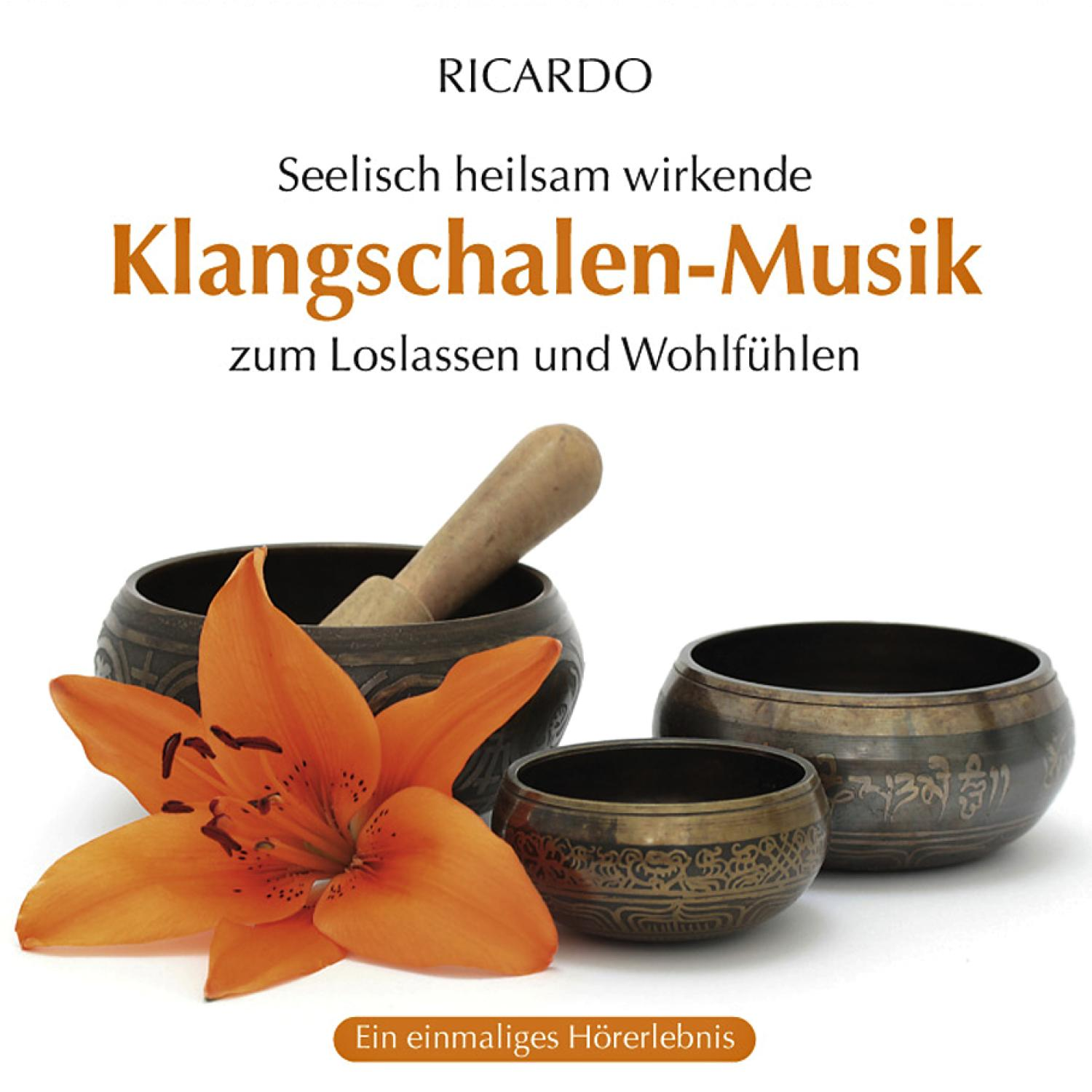 Albumcover. Drei Klangschalen, eine Blume und ein Holzstab auf weißer Oberfläche.