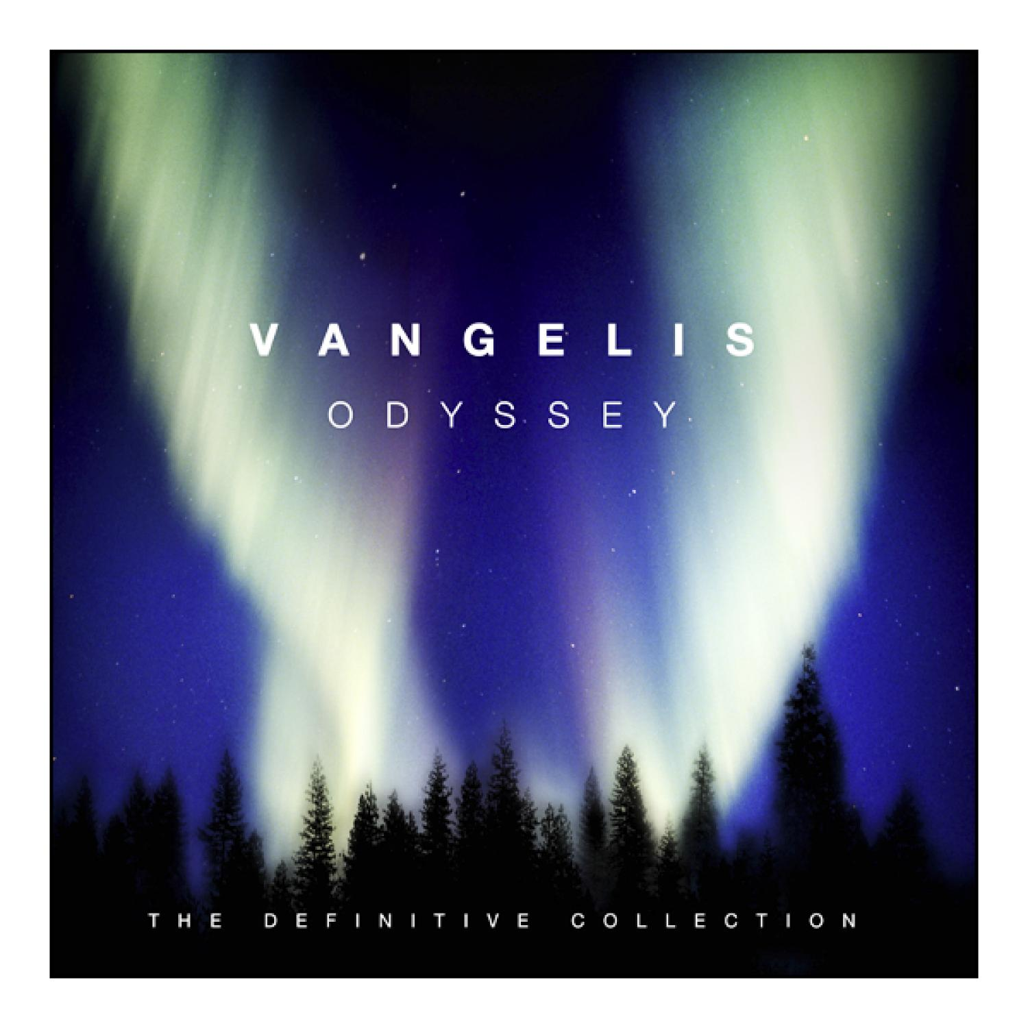 Albumcover mit einer Nachtszene von Nordlichtern über einem dunklen Wald und dem Wort 'Vangelis Odyssey'.