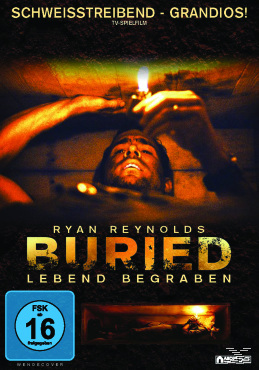 DVD-Cover mit einem Mann in einem Sarg, beleuchtet von einem Feuerzeug. Der Titel lautet 'Buried'. Deutscher Text oben.