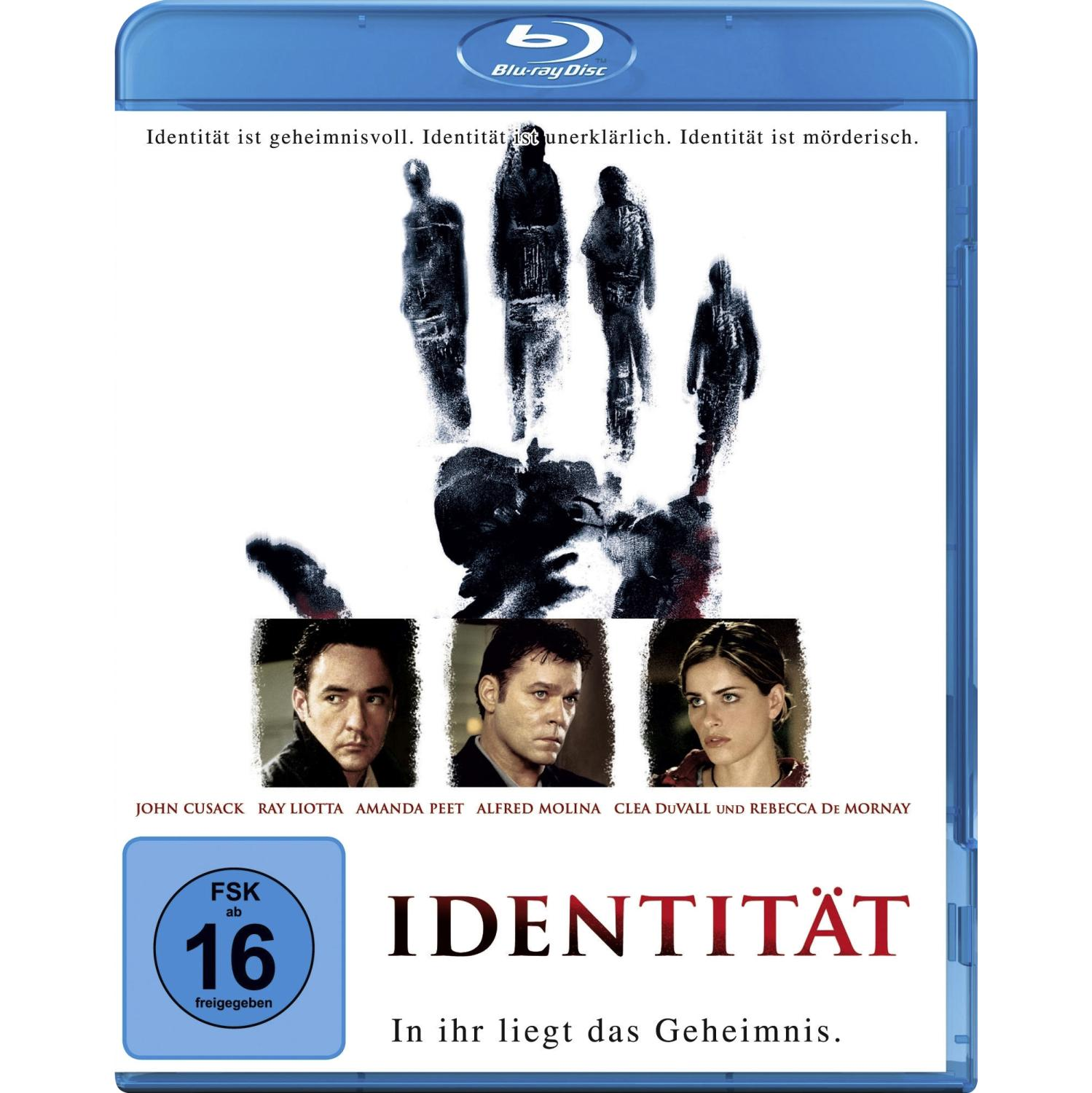 Filmcover: Handabdruck mit Figuren, Titel 'Identität' auf Deutsch, John Cusack, Ray Liotta.