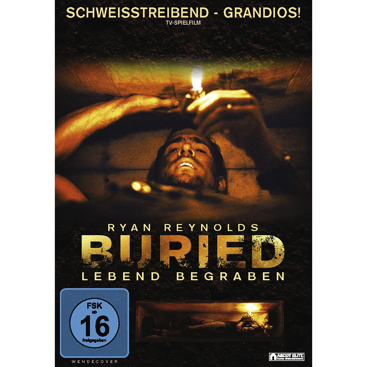 Filmplakat für 'Buried'. Ein Mann liegt in einem Sarg und hält ein Feuerzeug. Dunkle, klaustrophobische Kulisse.