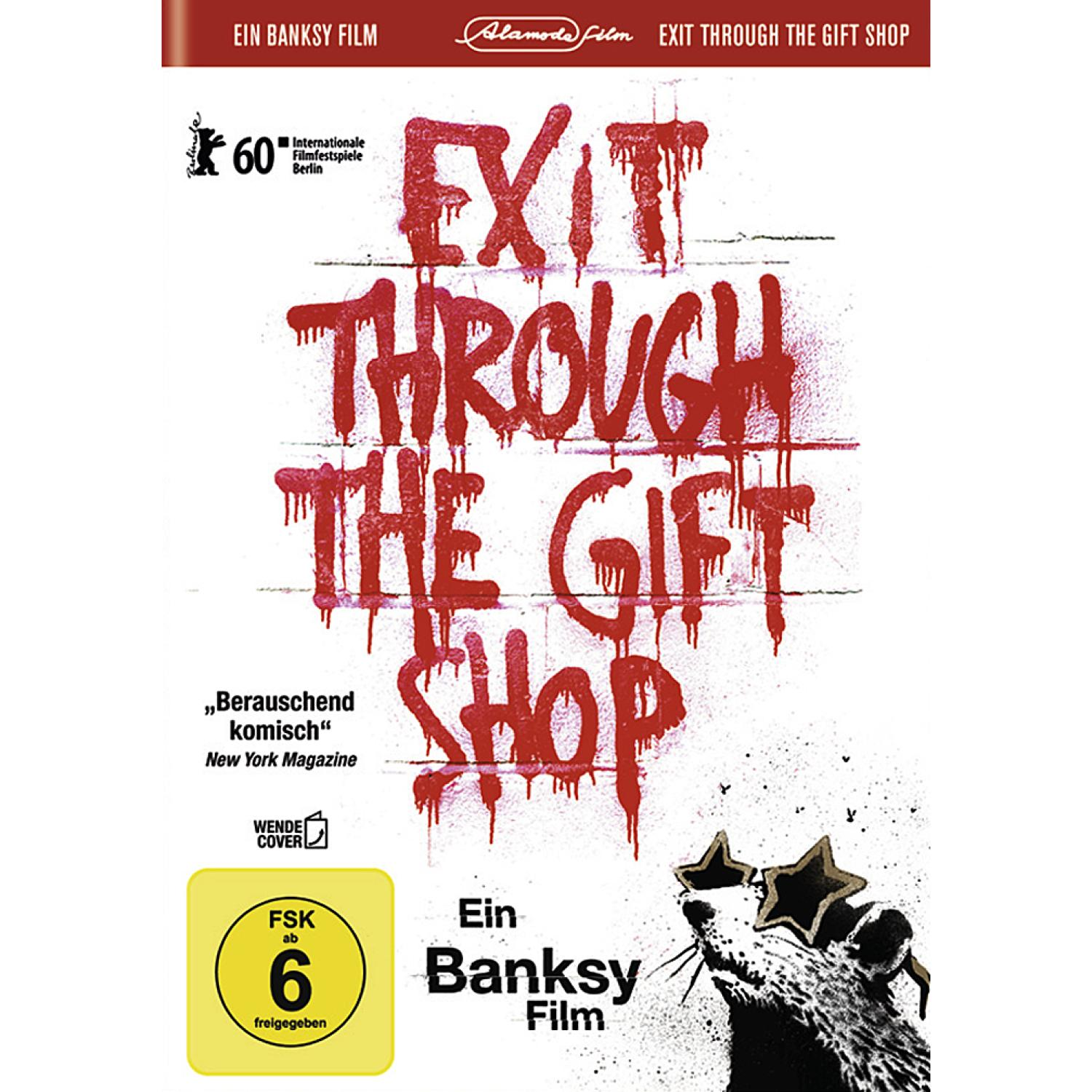 DVD-Cover für 'Exit Through the Gift Shop'. Graffiti und Text auf einer Backsteinmauer.