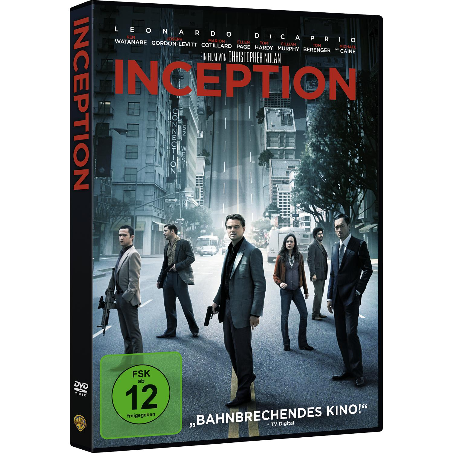 DVD-Cover von „Inception“ mit Leonardo DiCaprio und anderen. Menschen stehen auf einer Straße. FSK 12.
