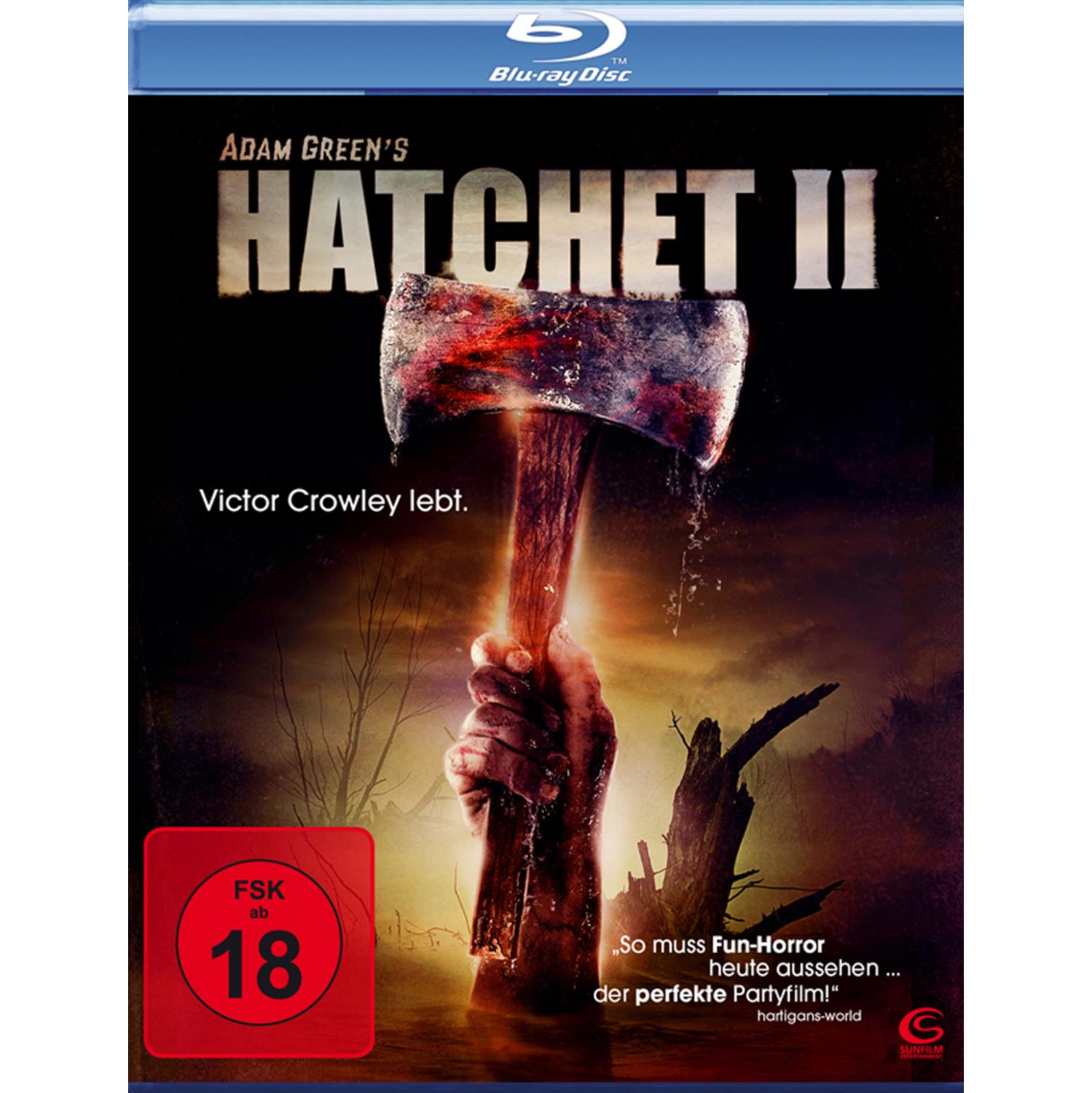 DVD-Cover: Hatchet II. Axt in der Hand. Roter FSK 18 Aufkleber.