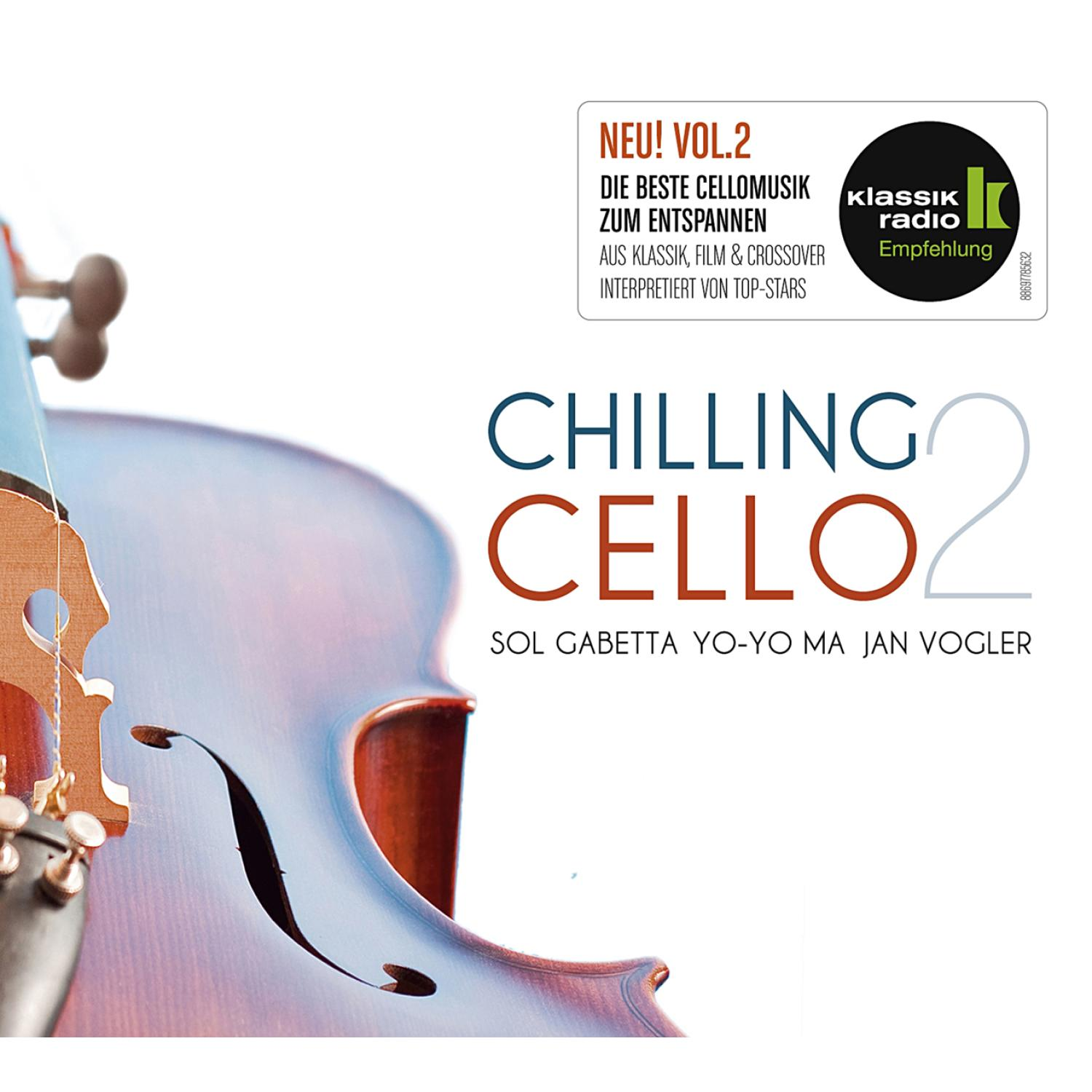 Albumcover mit Cello, Text 'CHILLING CELLO 2' und den Namen der Künstler.