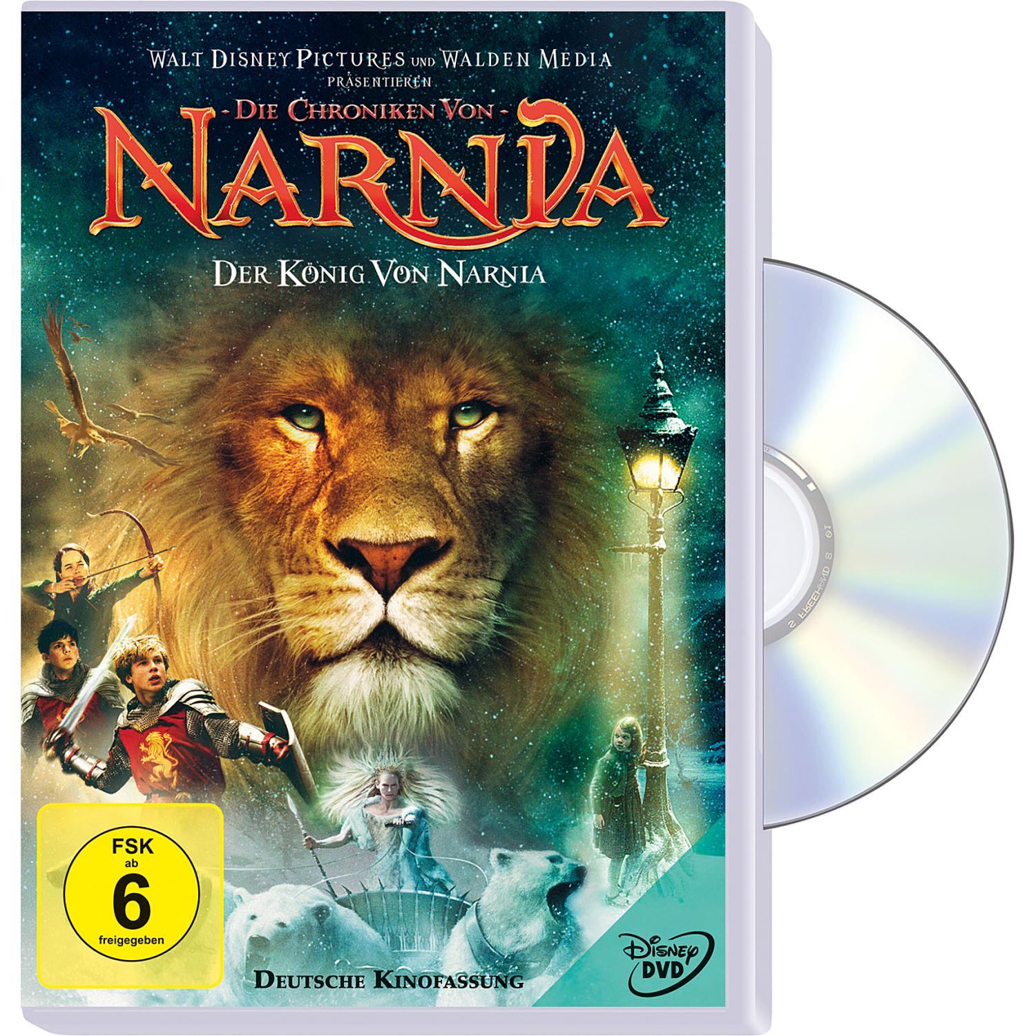 DVD-Cover des Films Narnia. Löwengesicht und Charaktere mit Laternenpfahl und DVD.