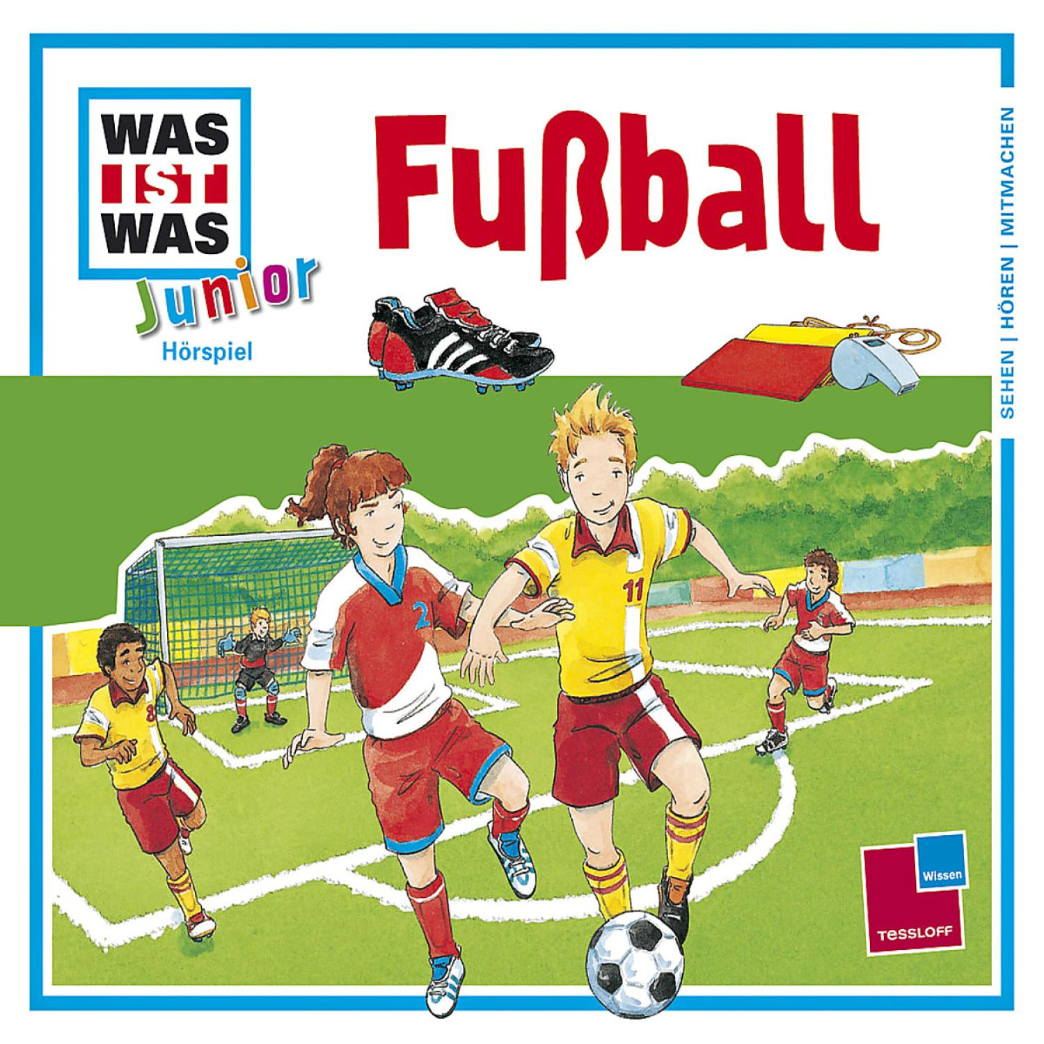 Buchcover für ein Kinderfußballbuch. Enthält Kinder, die auf einem grünen Feld Fußball spielen.