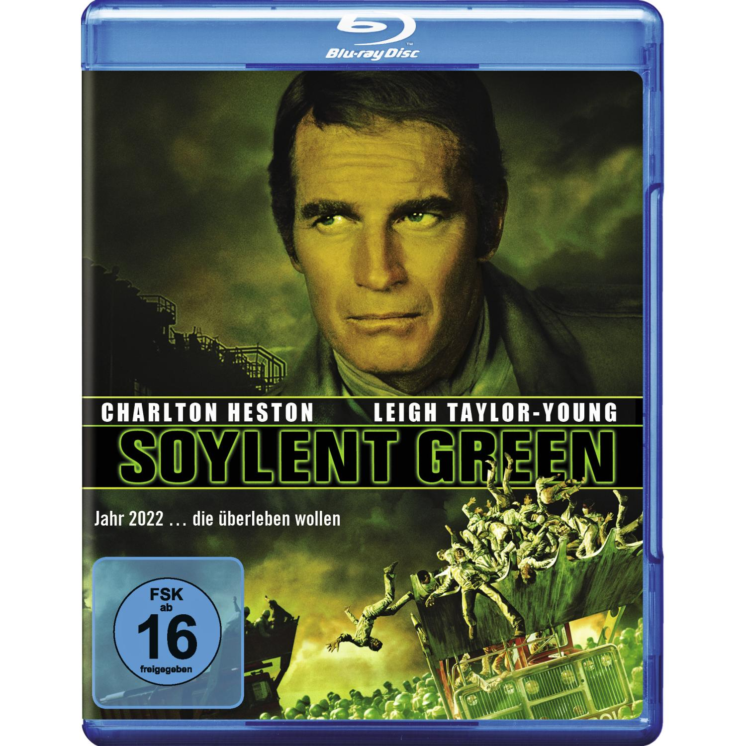 Blu-ray-Disc-Cover mit Charlton Heston, Titel „Soylent Green“ und stürzenden Figuren.