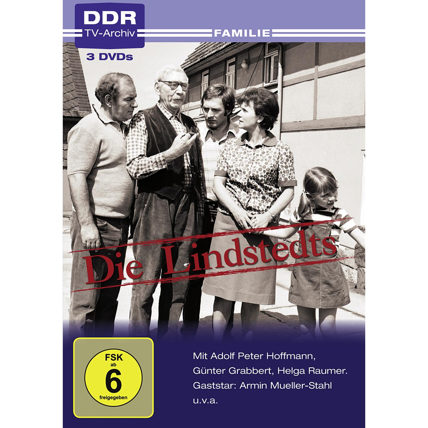 DVD-Cover von 'Die Lindstedts'. Familienporträt vor einem Haus. Schwarz-Weiß-Foto. FSK-Rating 6.