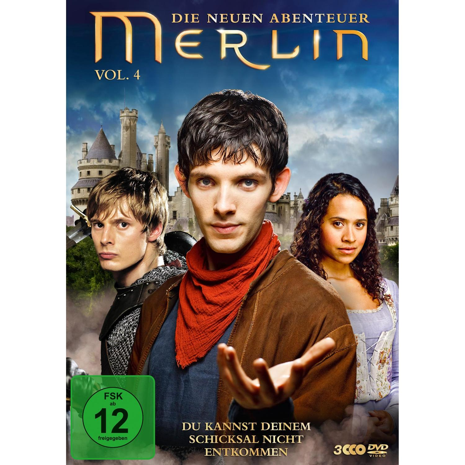 Merlin DVD-Cover. Drei Personen auf dem Cover, eine Burg im Hintergrund, Text oben.