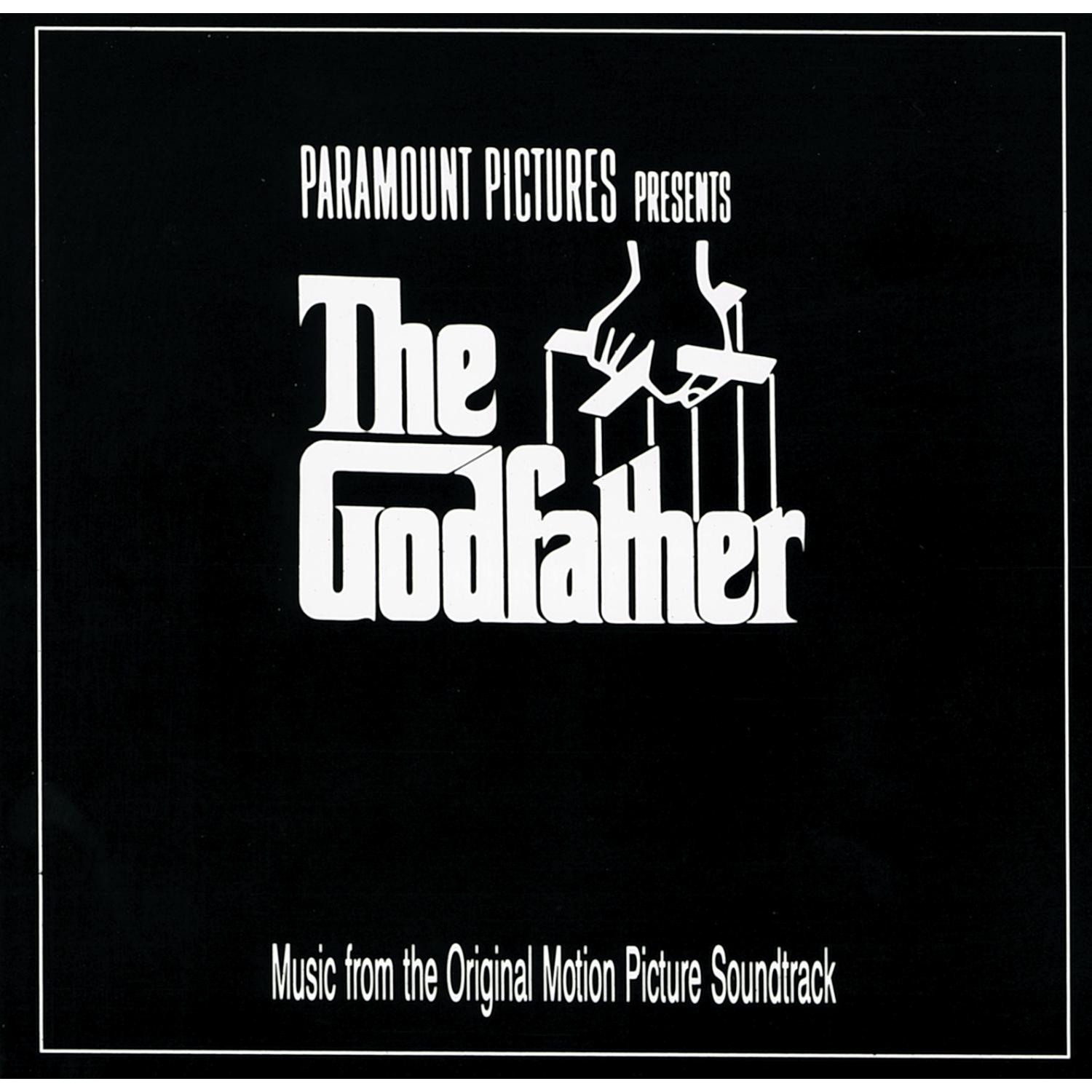 The Godfather Soundtrack-Cover mit schwarzem Hintergrund und weißem Text.