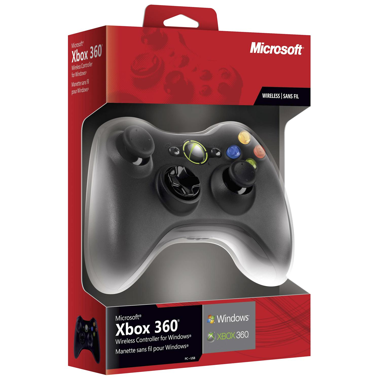 Xbox 360 Wireless Controller für Windows in OVP. Der Controller ist schwarz.