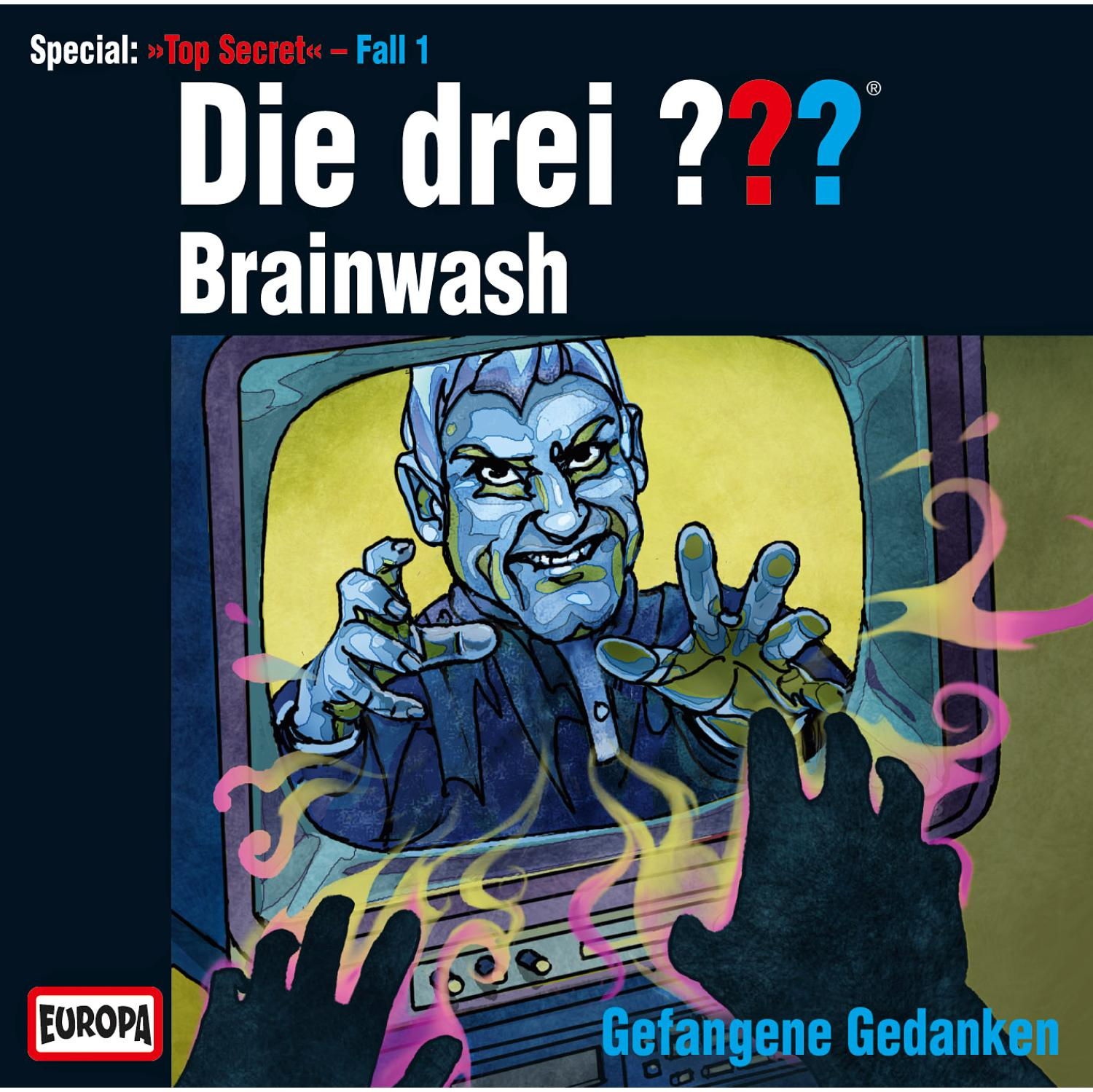 Cartoon-Cover: Eine Figur im Fernsehen, die sich ausstreckt, Hände im Vordergrund. Der Titel 'Die drei ??? Brainwash' ist sichtbar.