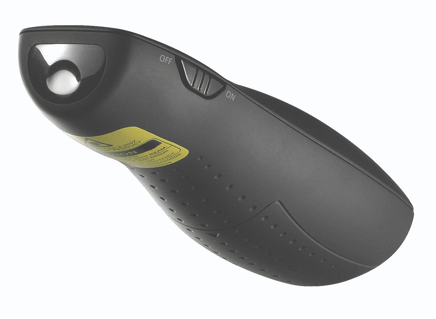Black laser pointer with an on/off slider, a lens, and a yellow warning label.