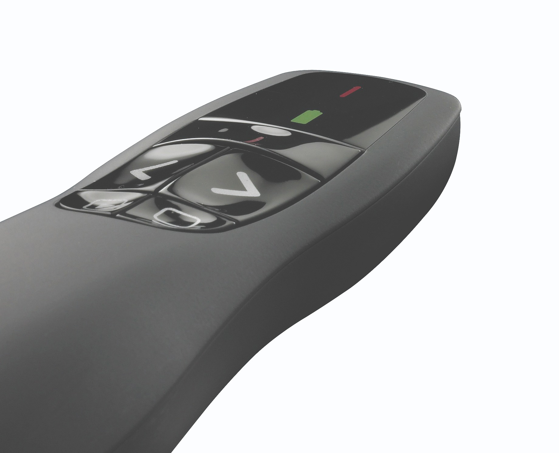 A black presentation remote. The front of the remote has buttons and a green and red light.