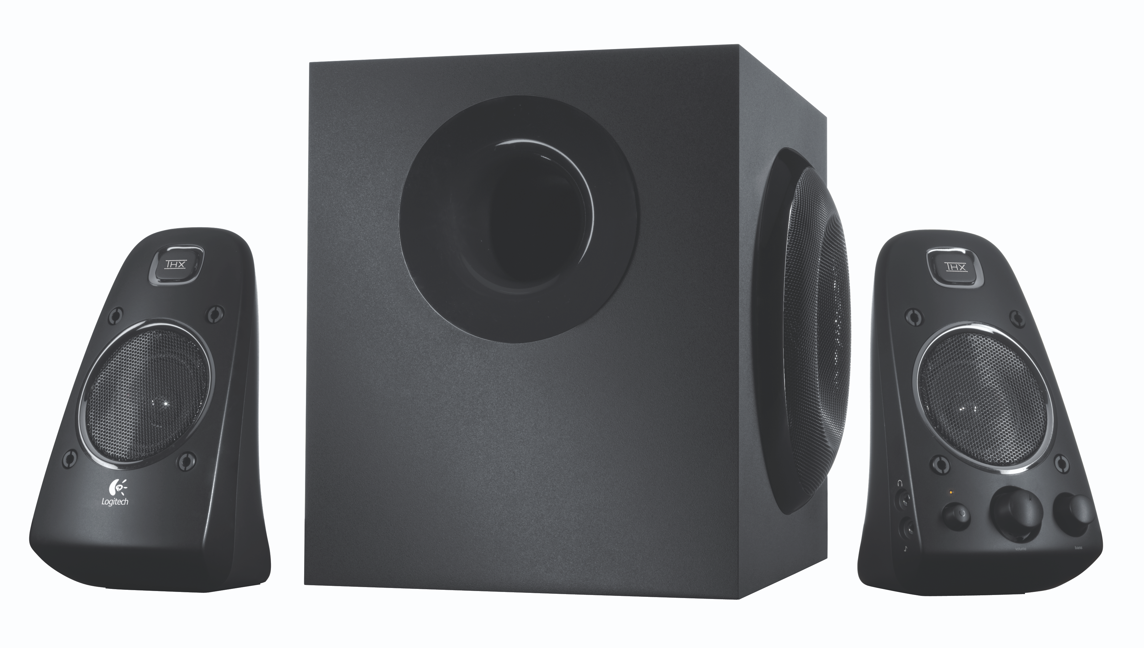 Black Logitech speaker system: subwoofer, two satellite speakers, on white background.