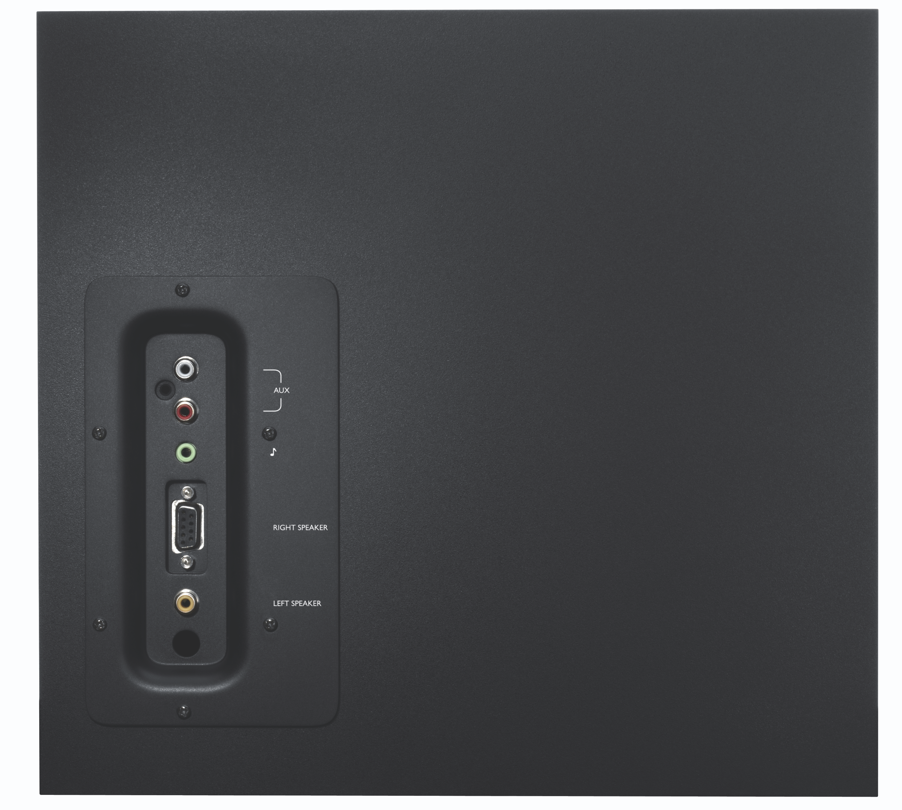 Black back panel of a speaker with input/output ports. Has an AUX input.