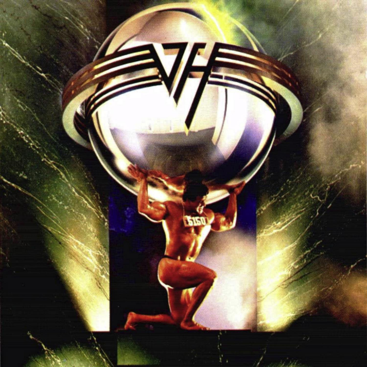 Albumcover, ein Mann hält eine silberne Kugel, mit dem Bandnamen 'Van Halen'.