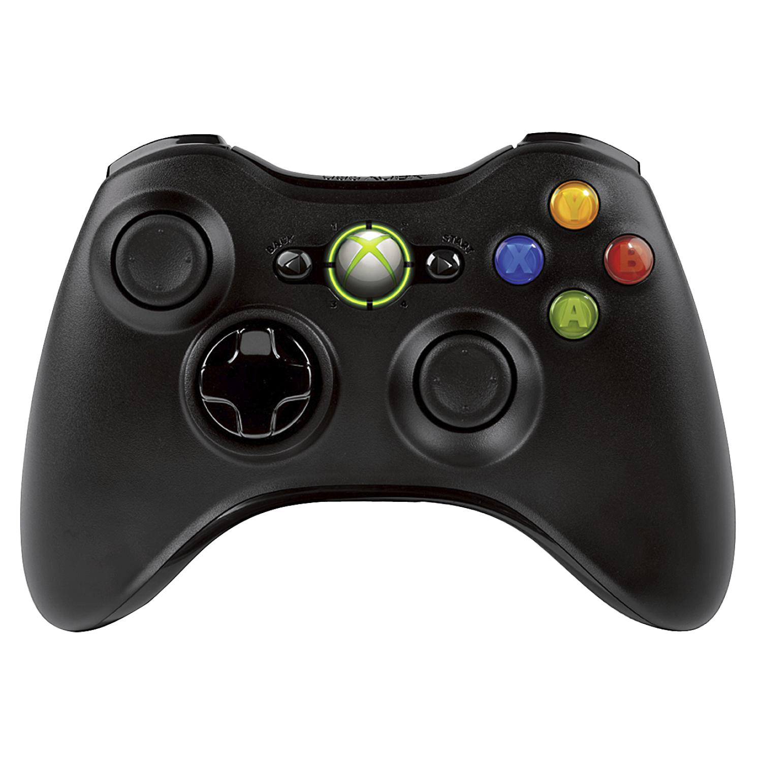Schwarzer Xbox 360 Controller mit leuchtendem grünen Logo und bunten Knöpfen.