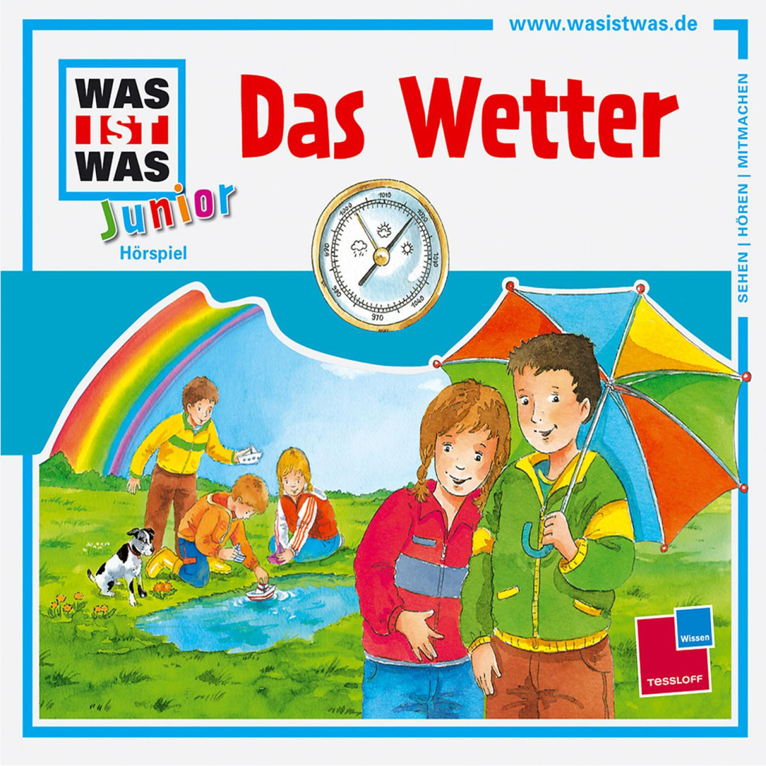 Buchcover mit Kindern und einem Regenbogen, mit dem Titel 'Das Wetter'.