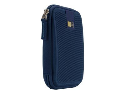 Navy blue Case Logic pouch with a zipper, side view.