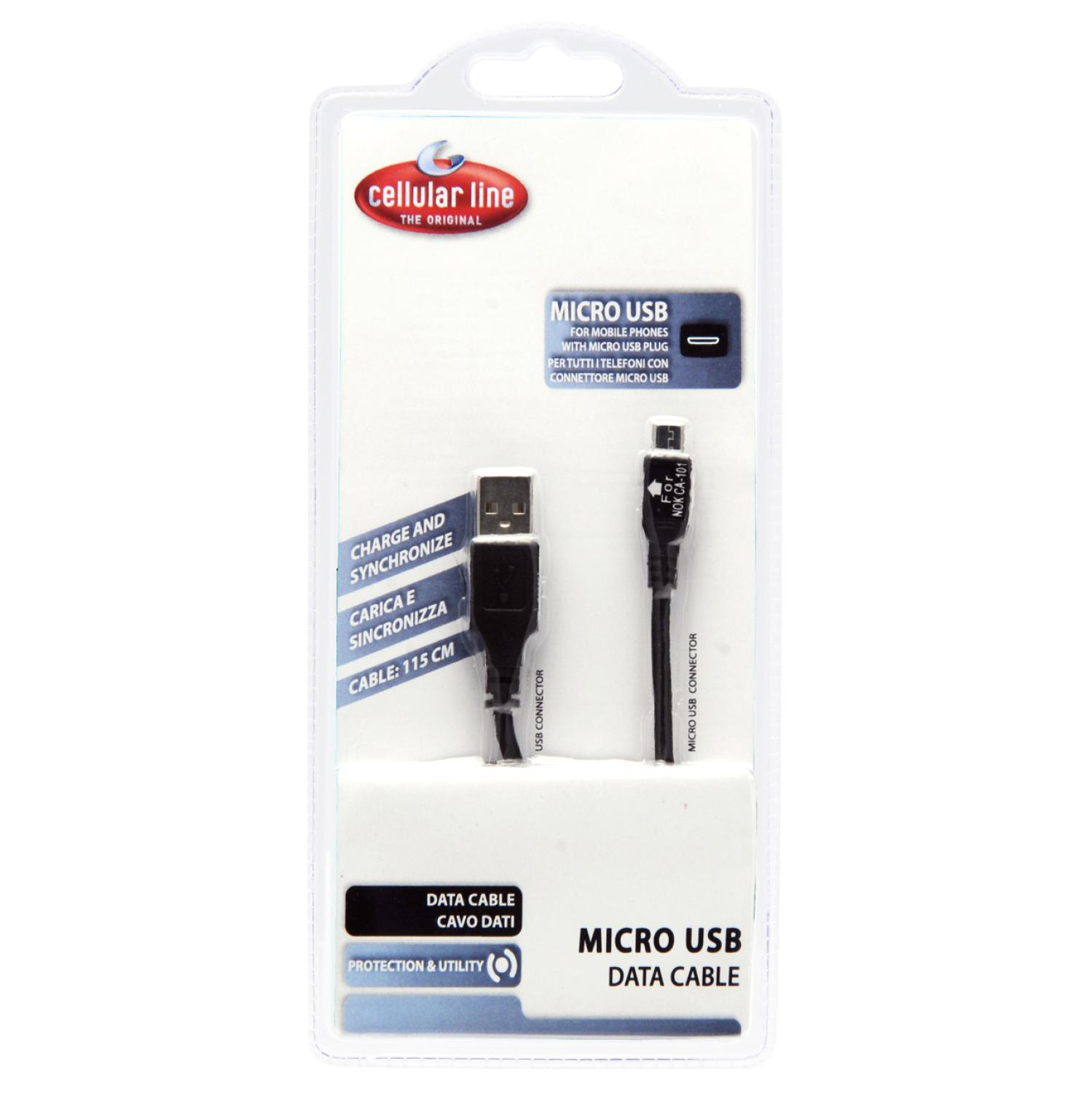 Micro-USB-Datenkabel in Blisterverpackung. Die Verpackung zeigt das Kabel und Text.
