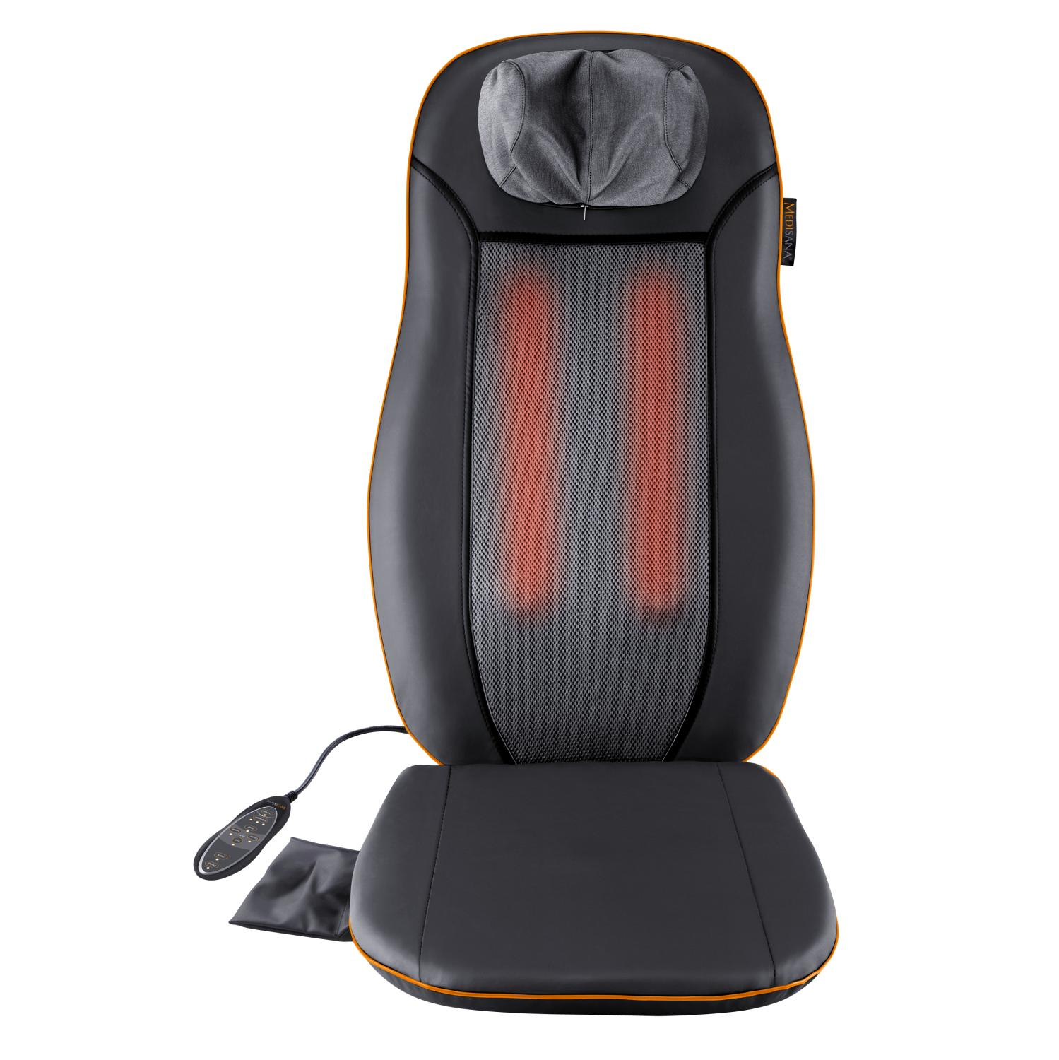Eine schwarze Massage-Sitzauflage mit roten Heizelementen, einer grauen Kopfstütze und einer Fernbedienung.