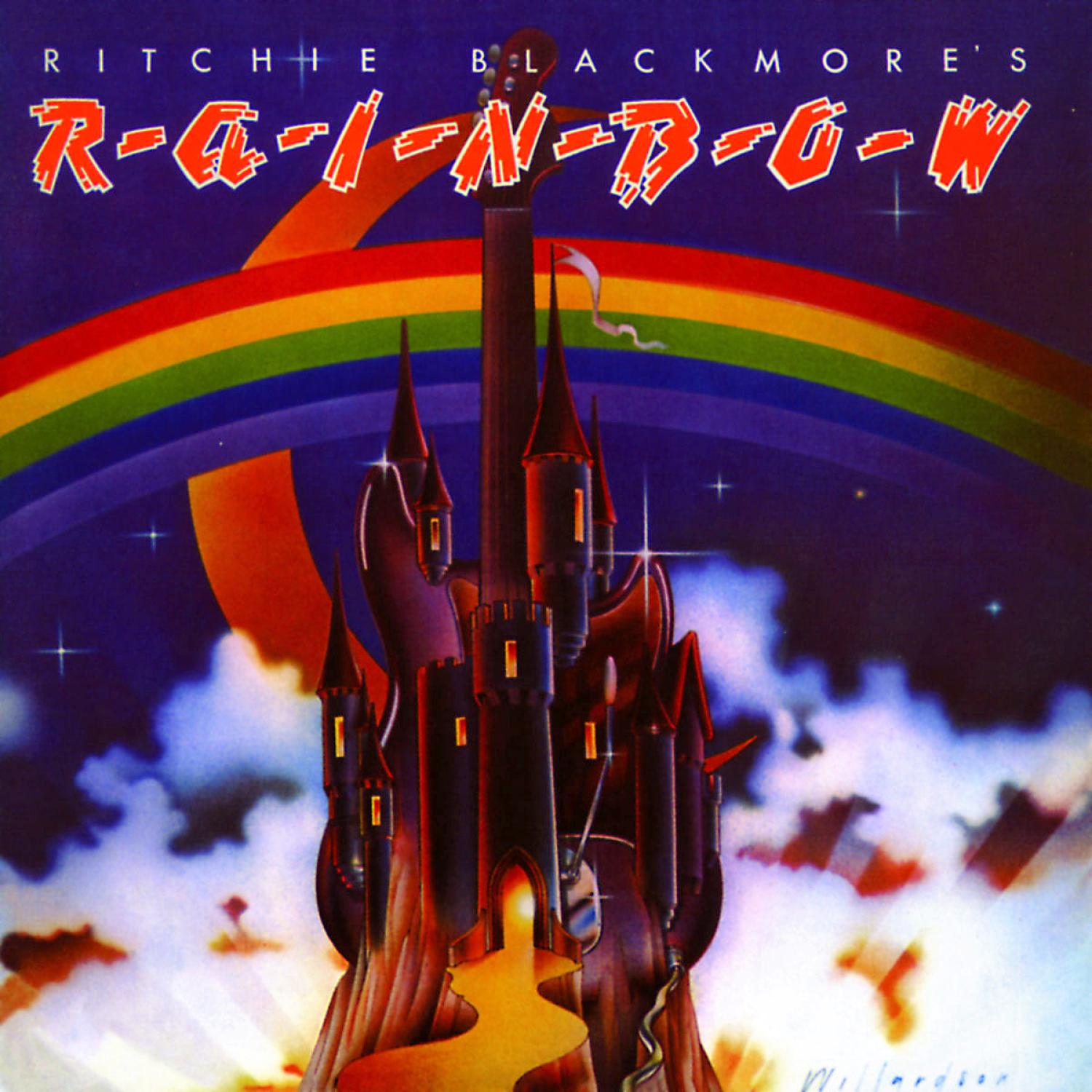 Ein CD-Cover mit einem Regenbogen, einem Schloss und einer gitarrenförmigen Struktur mit einer Gitarre.