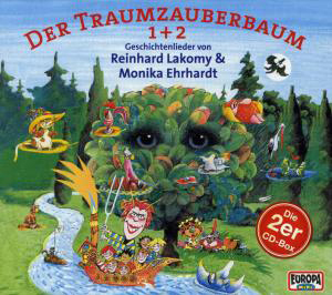 Ein farbenfrohes CD-Cover einer Fantasieszene mit einem Baum mit Gesicht und einem Boot mit Menschen.