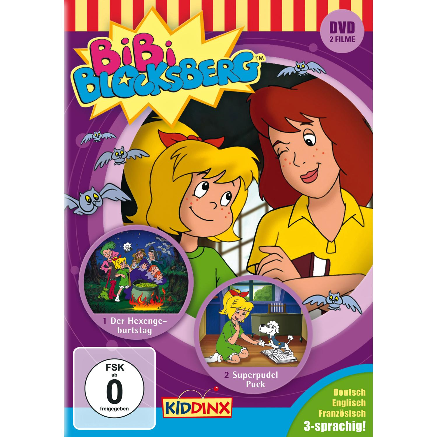 DVD-Cover: 'BiBi Blocksberg' Zeichentrickfilm. Zwei Mädchen, Hexen und ein Kessel.