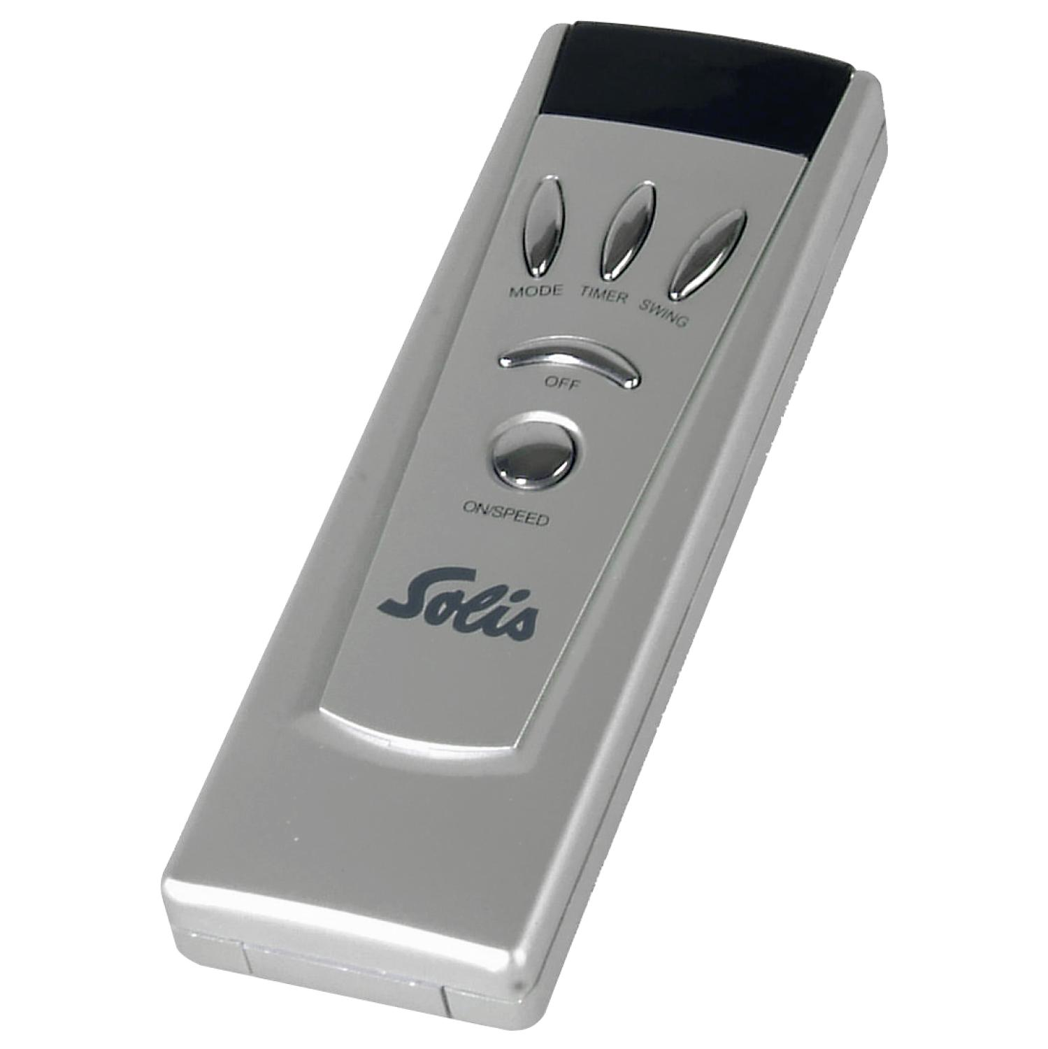Zilveren Solis afstandsbediening met knoppen voor modus, timer, swing en aan/uit.