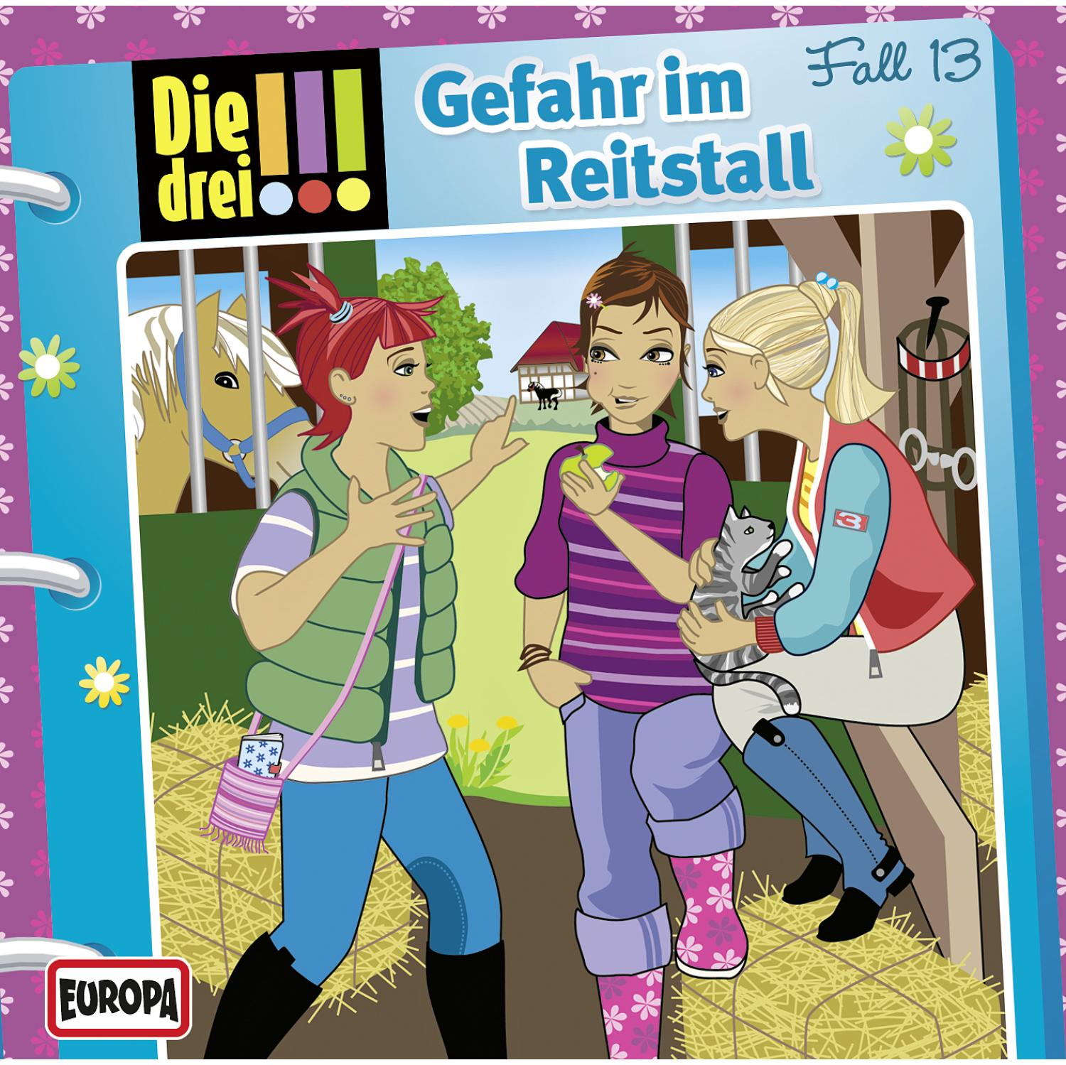 Drei Mädchen im Stall. Pferde in Boxen. Buchcover.