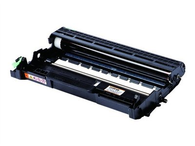 Schwarze Trommelkartusche für Drucker. Sie befindet sich auf weißem Hintergrund.