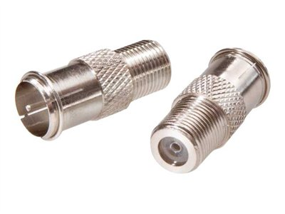 Zwei silberne Koaxialstecker, angewinkelt auf weißem Hintergrund, Nahaufnahme.
