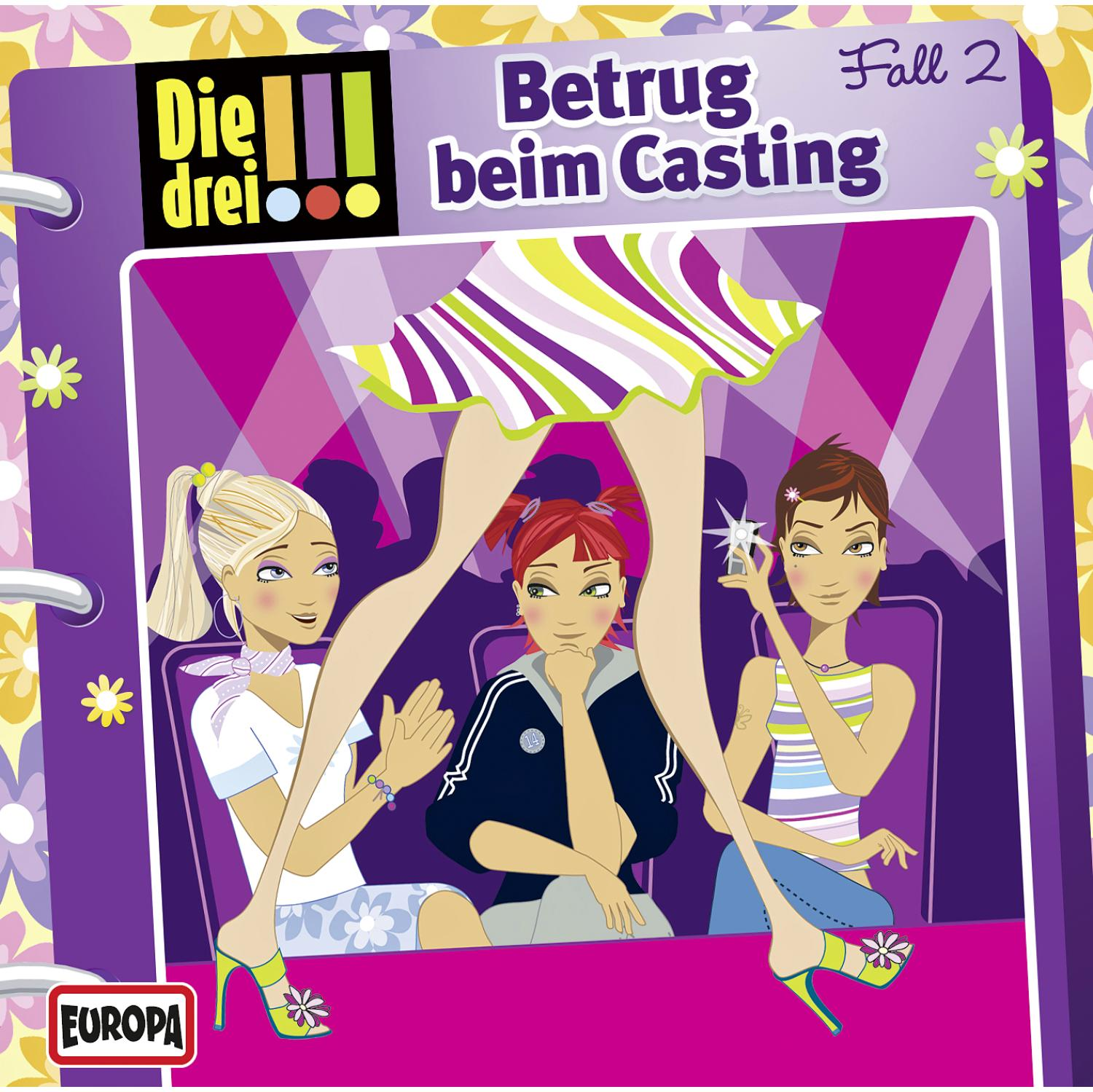 Cartoon: Drei Mädchen, eines posiert auf einer Bühne, andere schauen zu. Helle, farbenfrohe Szene.