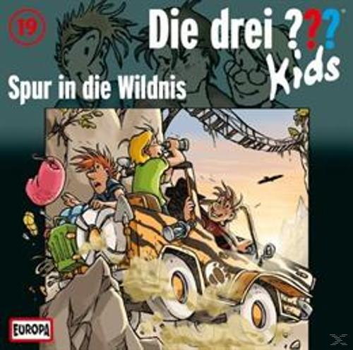 Comic-Cover. Drei Kinder in einem Auto im Dschungel. Text: Die drei ??? Kids.