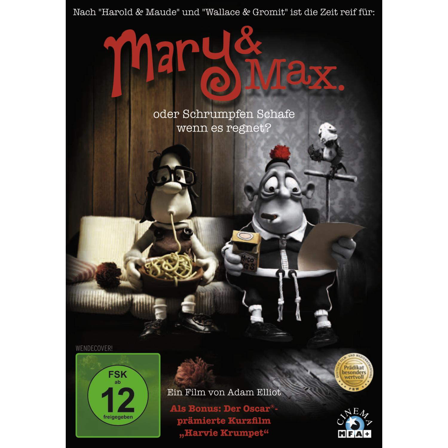 DVD-Cover mit animierten Charakteren. Titel 'Mary & Max'. Zwei Zeichentrickfiguren auf einem Sofa.