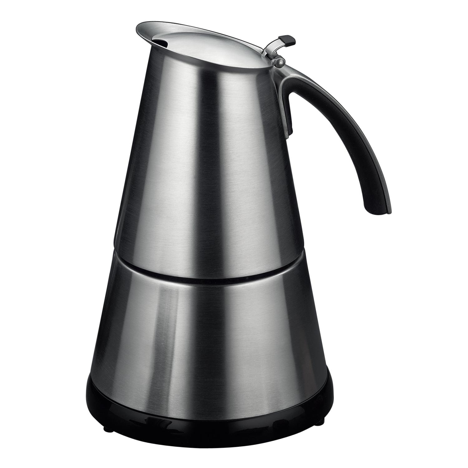 Espressokocher aus Edelstahl, schwarzer Boden und Griff. Konisches Design.