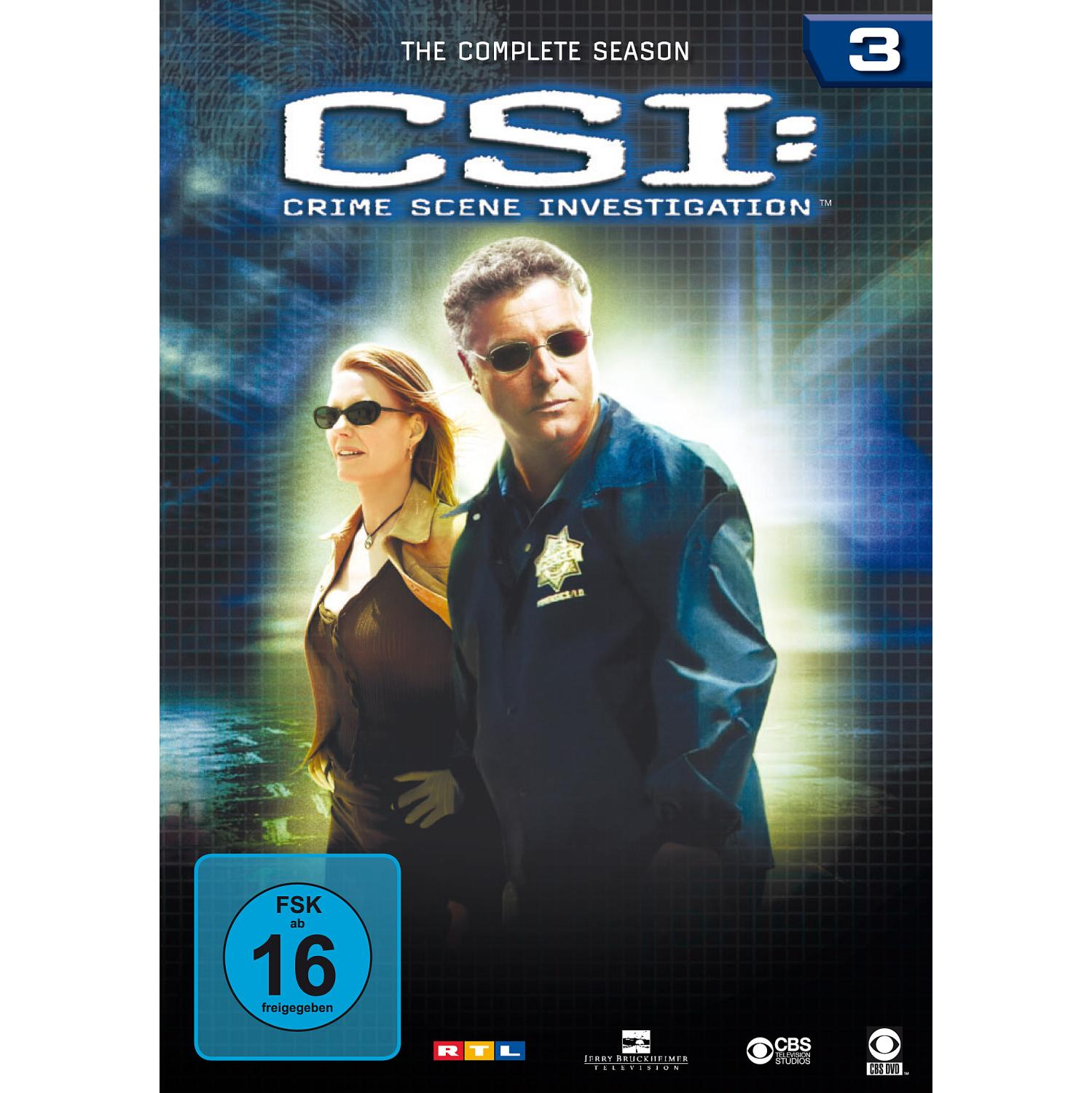 CSI: Crime Scene Investigation DVD-Cover. Zwei Personen mit Sonnenbrille stehen zusammen. Blau-weißer Hintergrund.